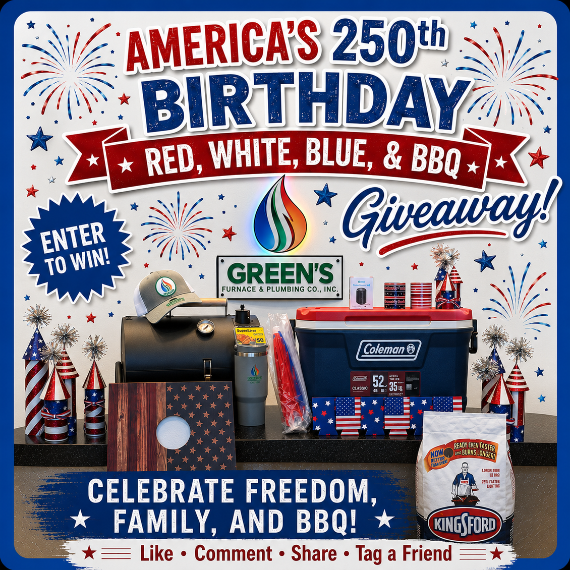 America’s 250th Birthday BBQ giveaway poster with grills, fireworks, and patriotic red, white, and blue decor