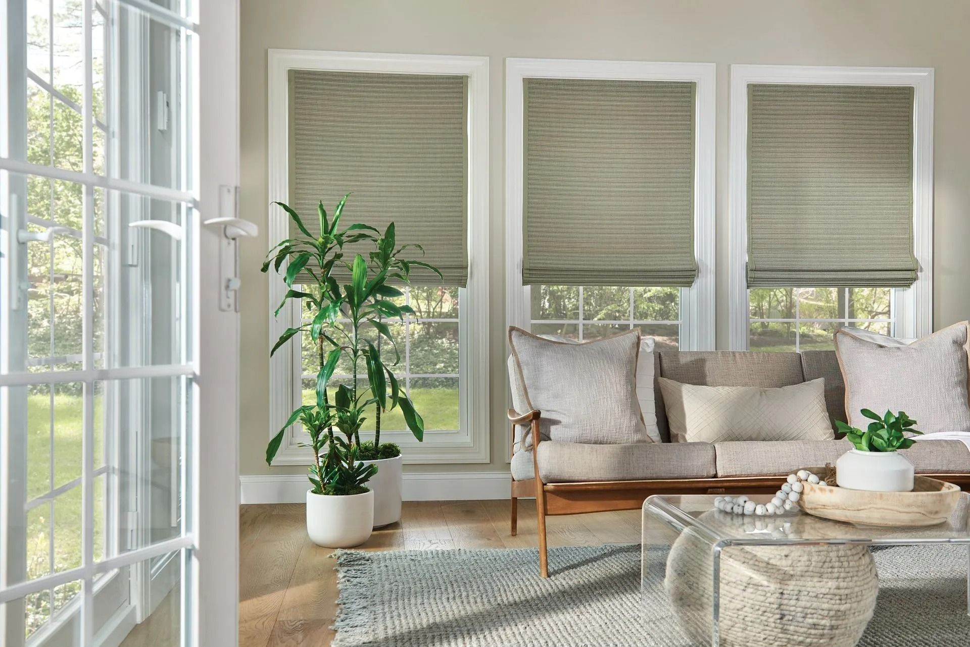 A living room with three windows featuring light gray woven wood shades, a sofa with neutral pillows, and a green plant.