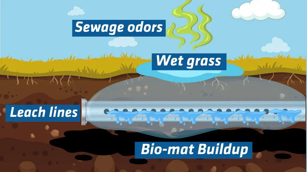Diagram of septic system with sewage odors, wet grass, leach lines, and bio-mat buildup