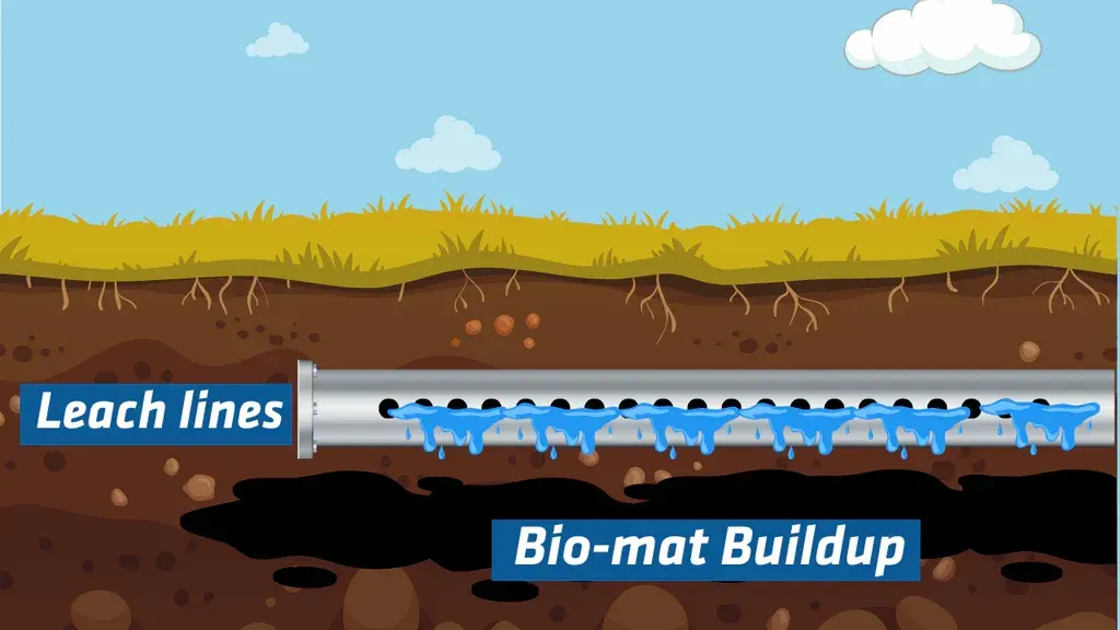 Illustration of leach lines and bio-mat buildup underground beneath grassy ground and a blue sky