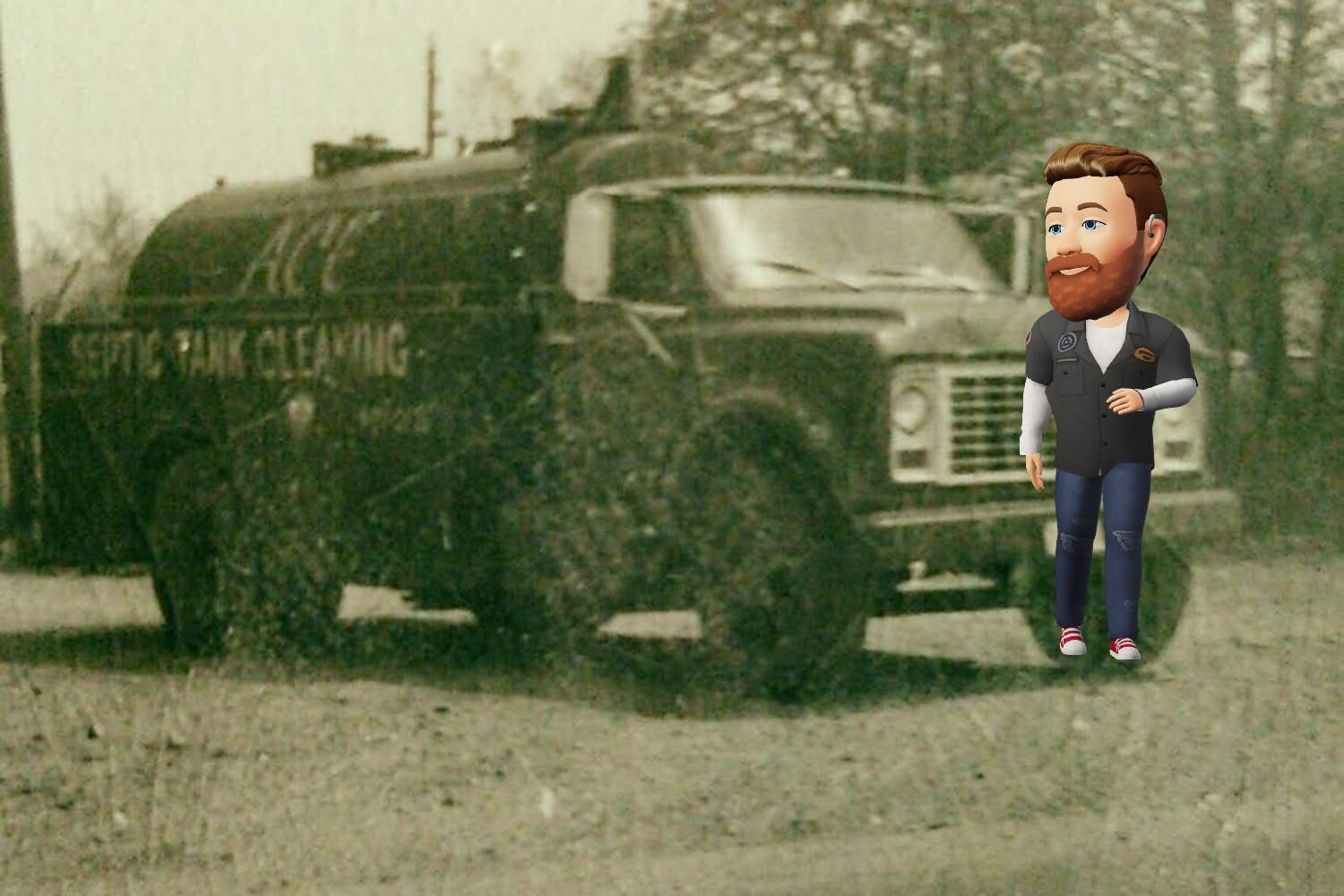 Cartoon man standing beside an old black sedan on a grassy lot, with a faded vintage photo background
