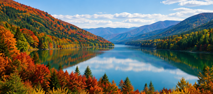Autumn forest surrounds a calm mountain lake under a blue sky with clouds.
