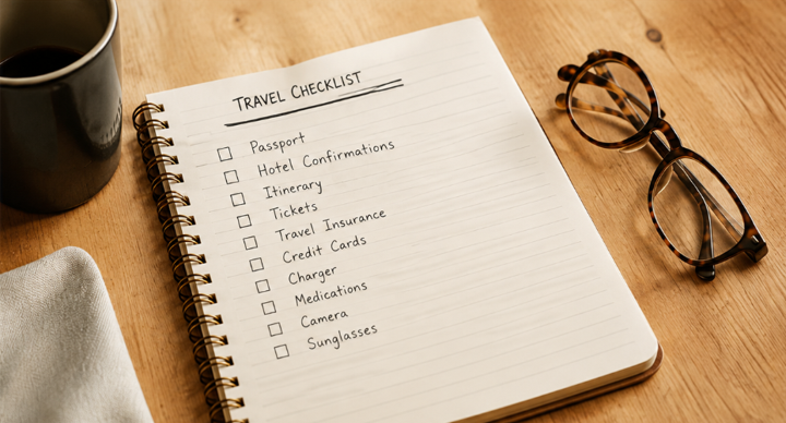 Notebook with a task checklist beside a mug and eyeglasses on a wooden desk