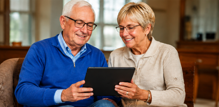 Two smiling people reviewing a tablet together in a cozy indoor setting
