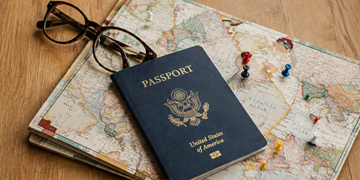 Passport, eyeglasses, and travel map with colored pins on a wooden desk