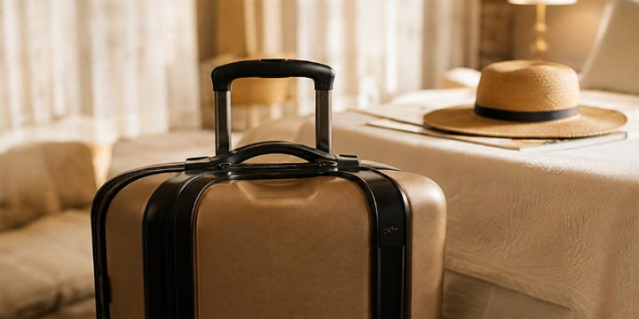 Tan suitcase beside a straw hat on a bed in a warm, beige room