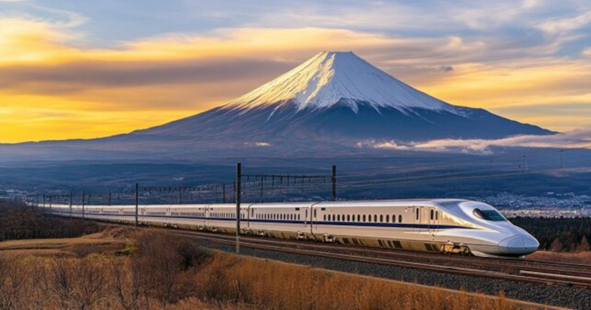 Shinkansen speeding past Mount Fuji at sunset with golden sky and snowy peak