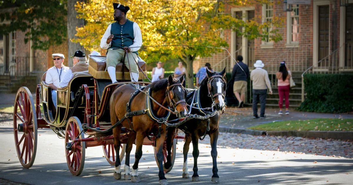 Horse-drawn carriage with passengers on a tree-lined street in front of a brick building