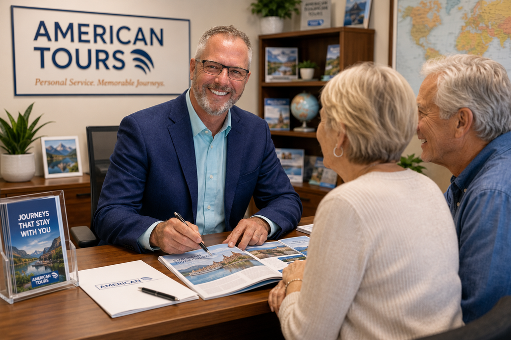 Travel agent consulting with two clients at an American Tours desk, with brochures and maps on display