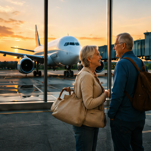 Two travelers talking at an airport window, with a passenger jet at sunset