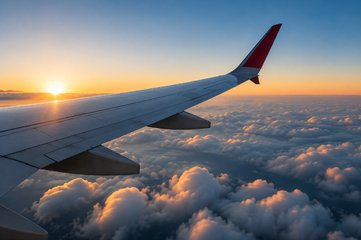 Airplane wing above clouds at sunrise, with warm orange light on the horizon