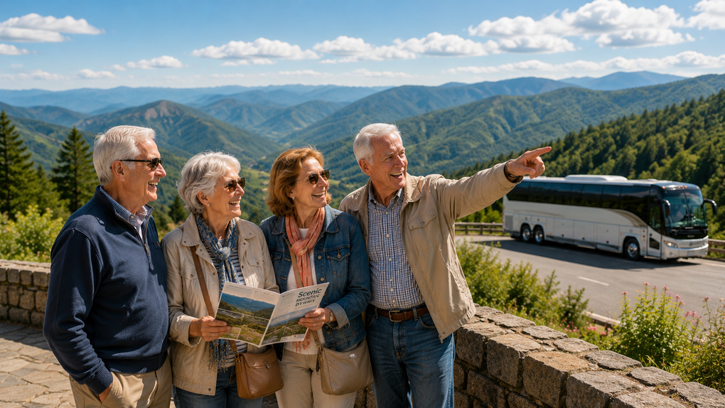 Four tourists admire a mountain vista as a coach bus drives past on a scenic overlook.