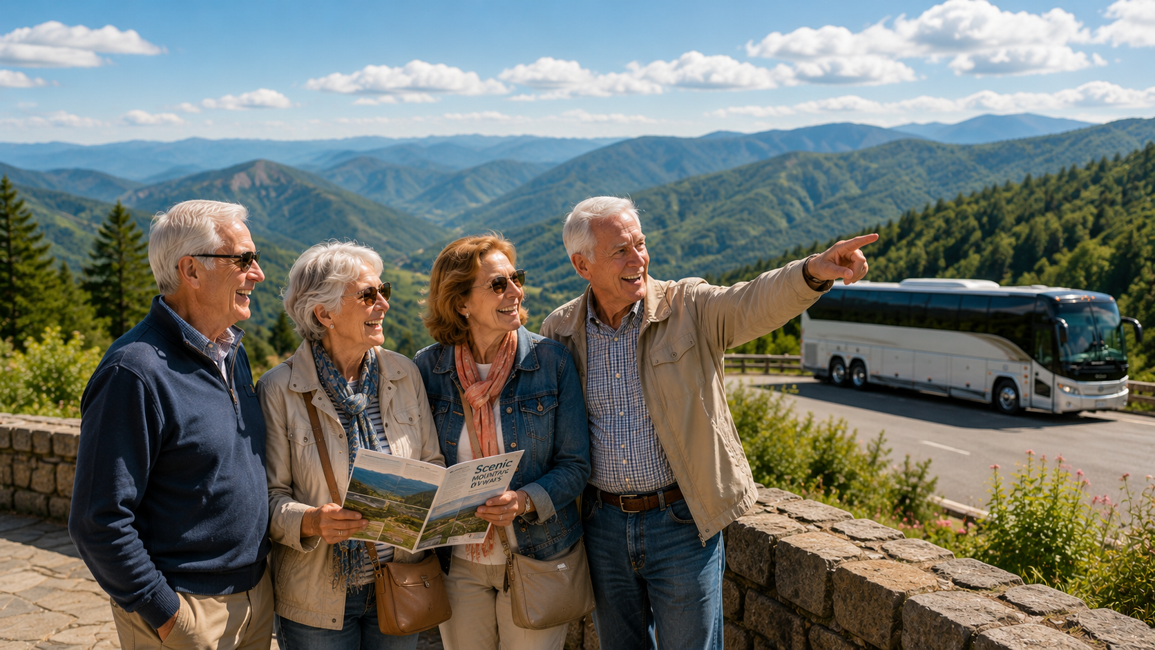 Four tourists admire a mountain vista as a coach bus drives past on a scenic overlook.
