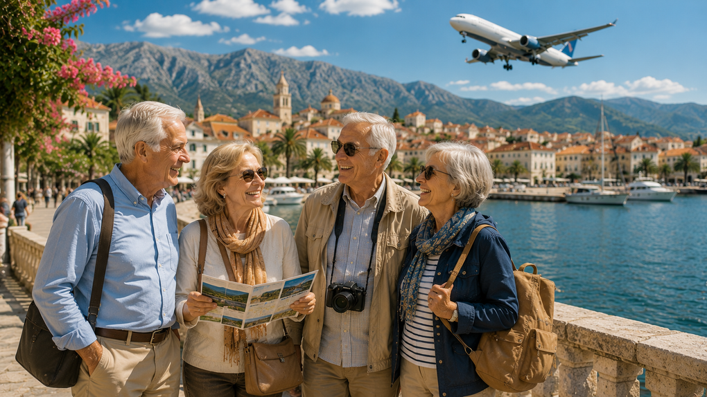 Four travelers chat on a sunny waterfront with mountains, a harbor, and an airplane overhead.