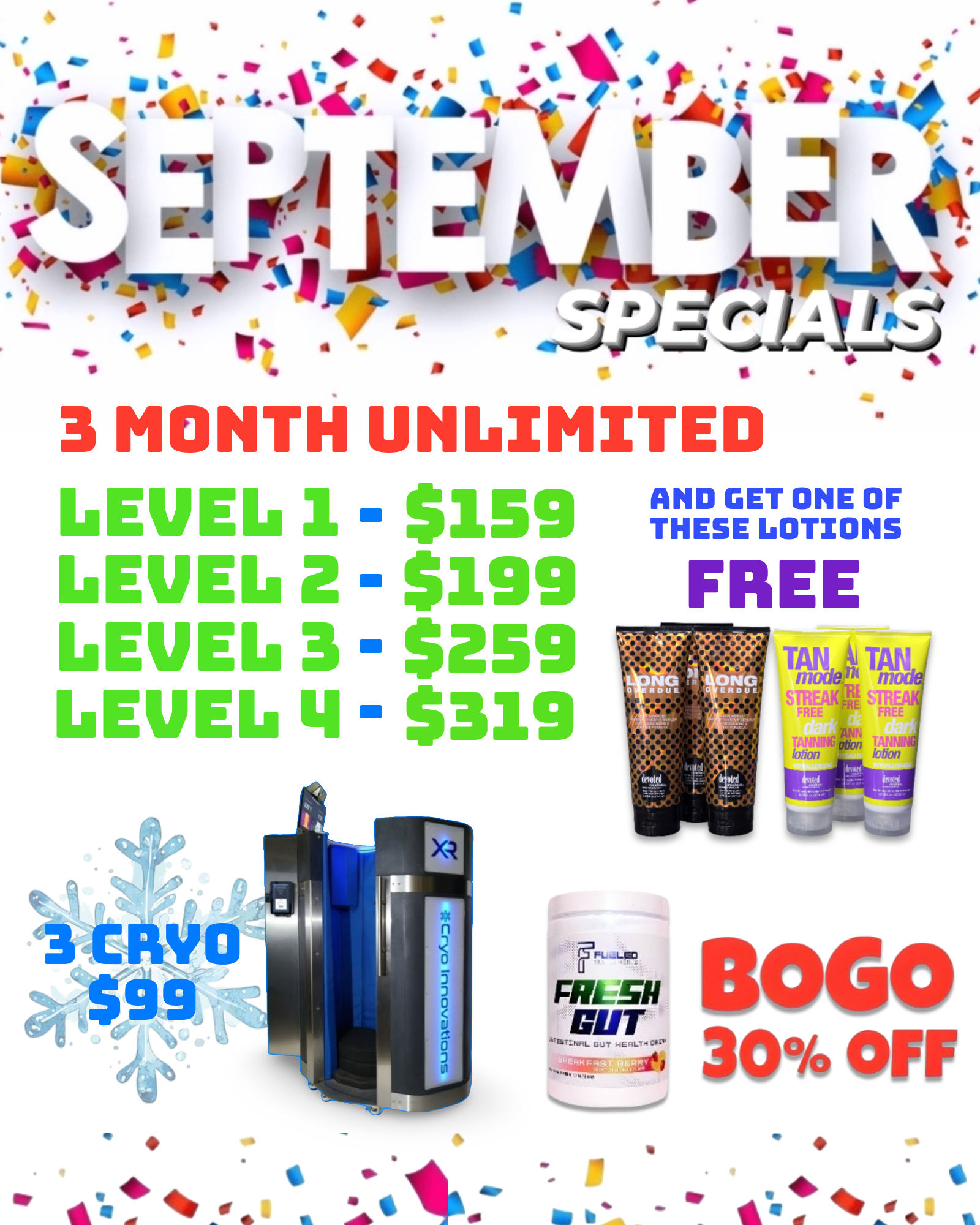September tanning specials: Unlimited 3-month levels, free lotion with purchase, 3 Cryo for $99, and BOGO 30% off.