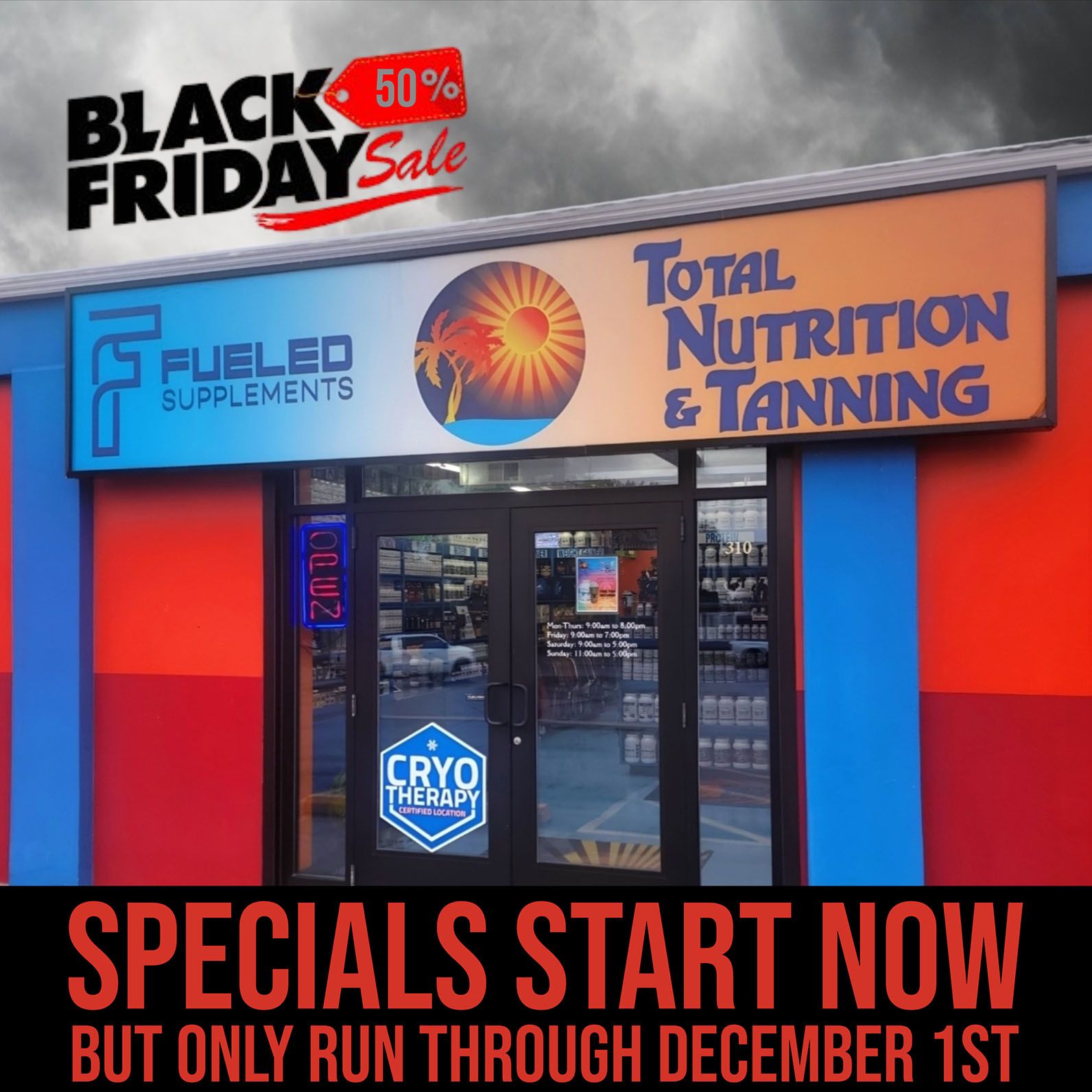 Total Nutrition & Tanning's Black Friday 50% Off Specials