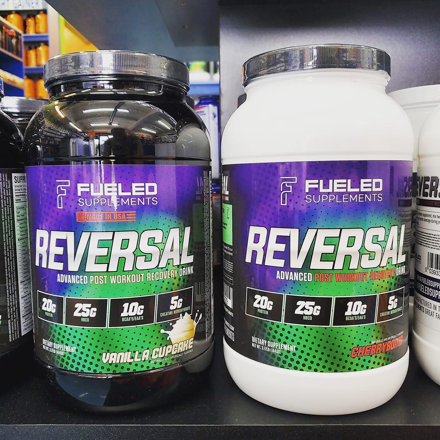 Two bottles of fueled supplements reversal are on a shelf.