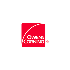 Owens Corning logo on a red square with white text and curved line