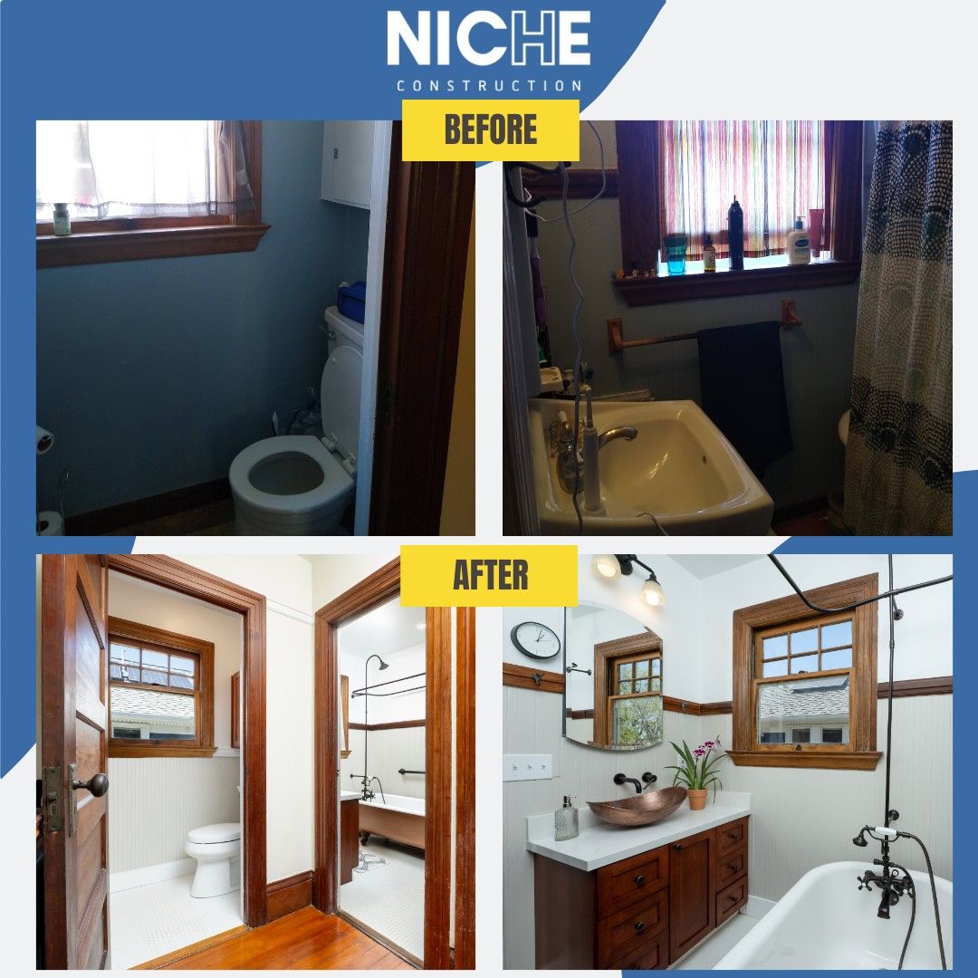 A before and after photo of a bathroom by niche construction