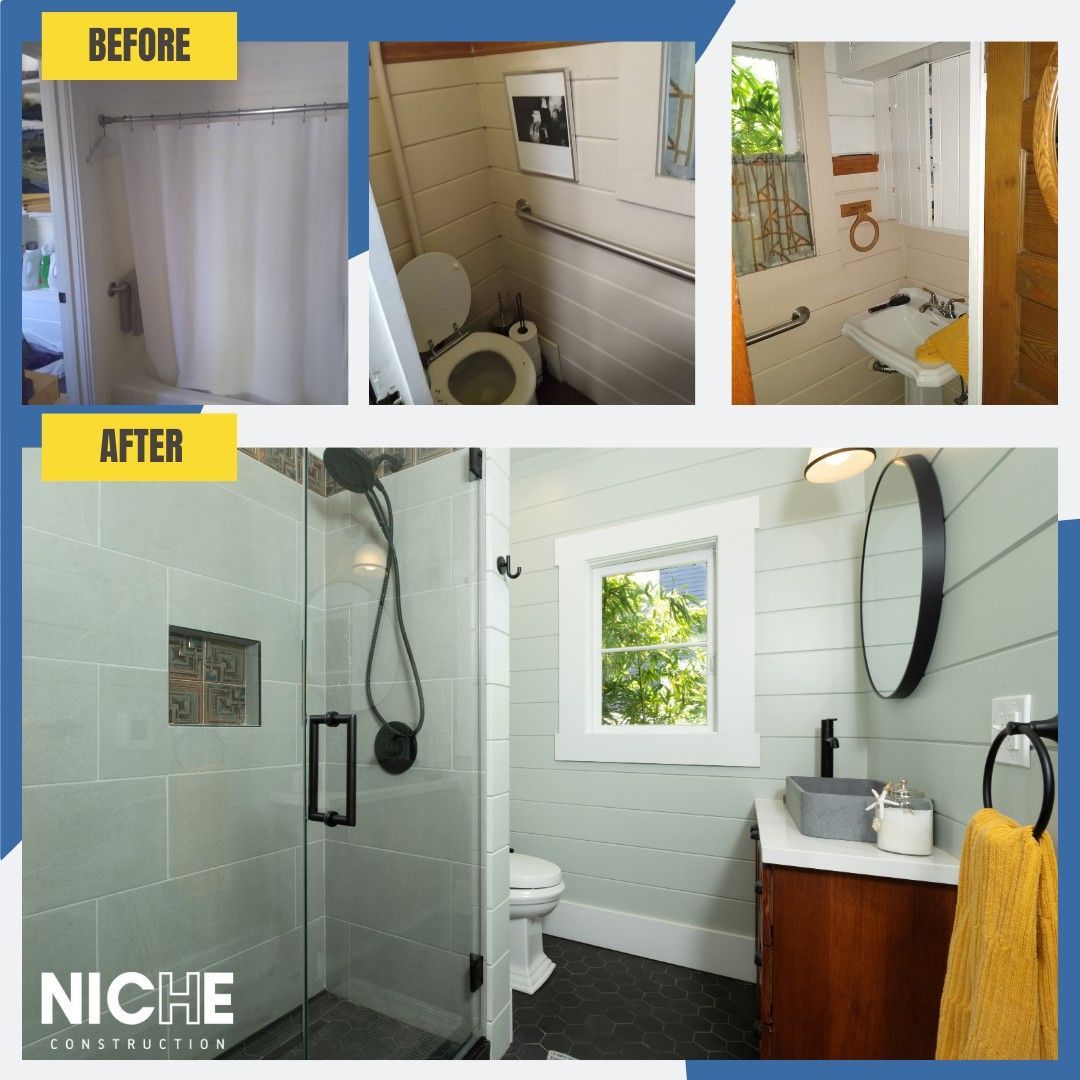 A before and after photo of a bathroom by niche