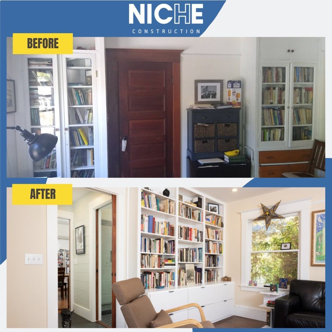 A before and after photo of a living room by niche construction