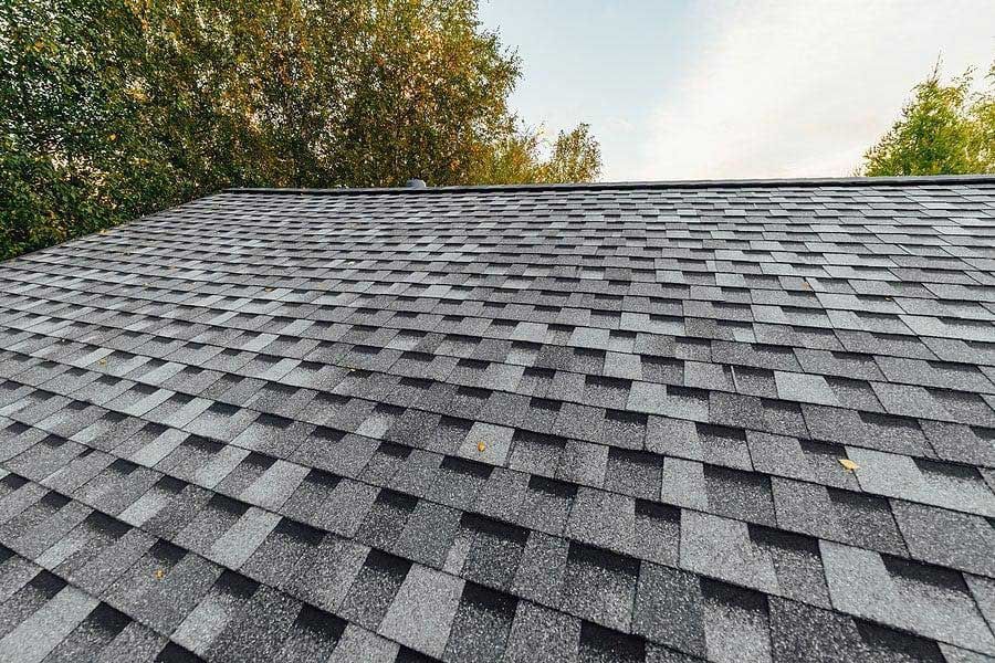 Gray asphalt shingle roof on a house, with trees in the background. The shingles have a textured appearance.