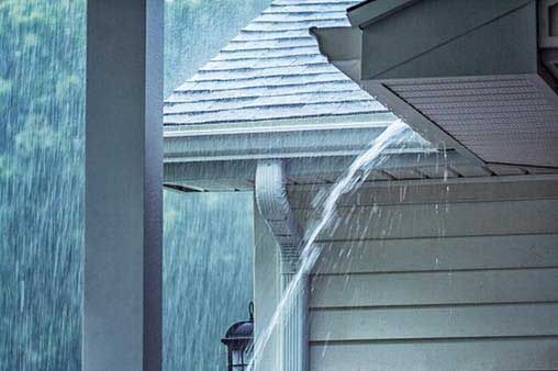 Heavy rain overflowing from a white gutter on a house. Water streams down in a torrent.