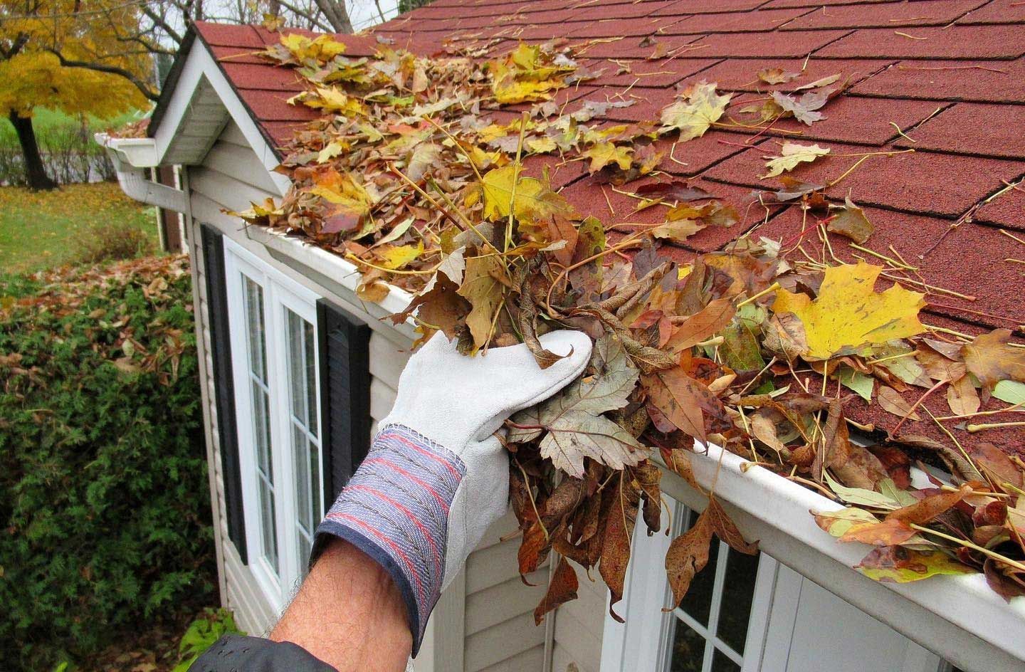 Person wearing work gloves cleaning leaves from a roof gutter. The house has a red roof and white siding.