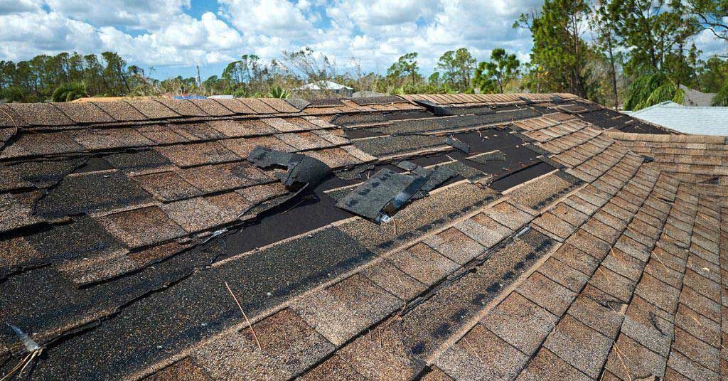 Damaged roof with missing and torn shingles, likely from a storm, with houses and trees visible in the background.