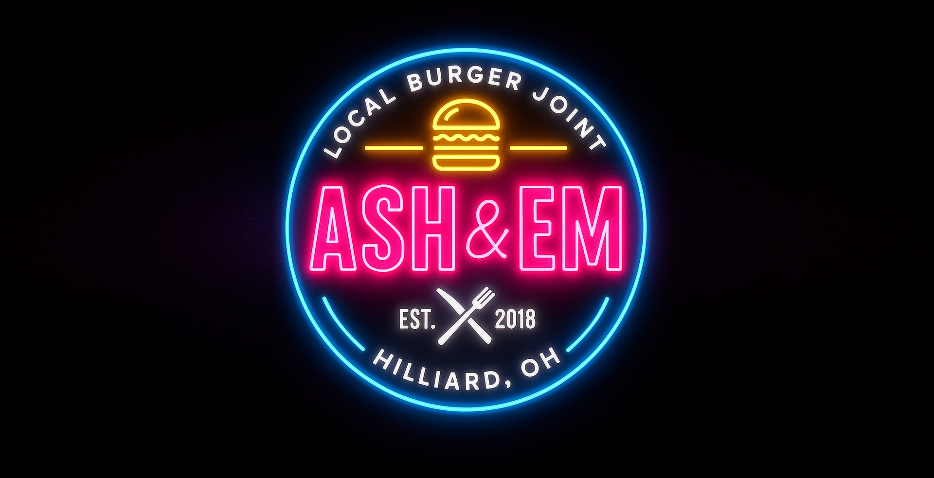 Neon sign for Ash & Em, a local burger joint in Hilliard, OH. Blue, pink, and yellow colors.