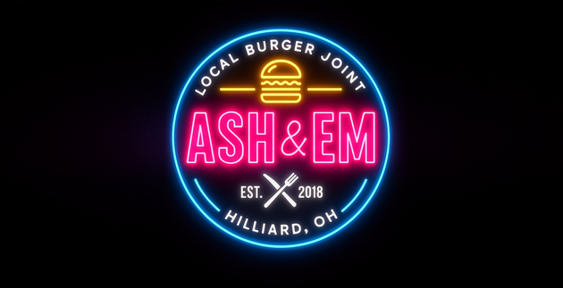 Neon sign for Ash & Em, a local burger joint in Hilliard, OH. Blue, pink, and yellow colors.