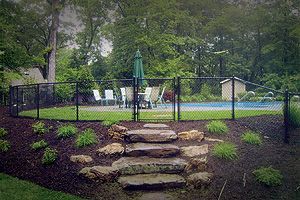 A fenced in backyard with a swimming pool and stairs leading to it.