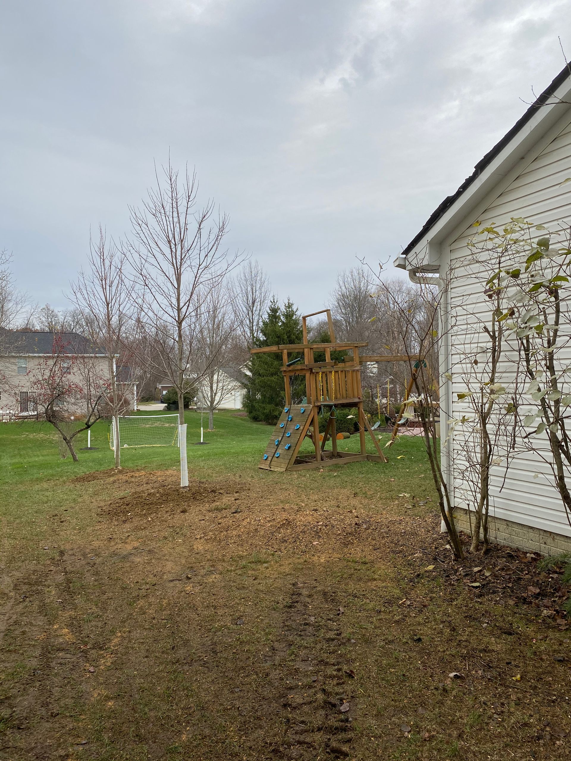 There is a swing set in the backyard of a house.