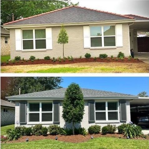 A before and after picture of a brick house