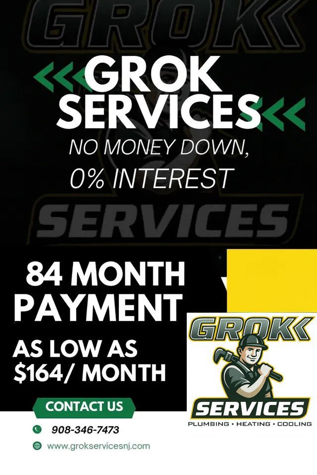 Advertisement for GROK Services: plumbing and repairs with 0% interest and 84-month payment plan.