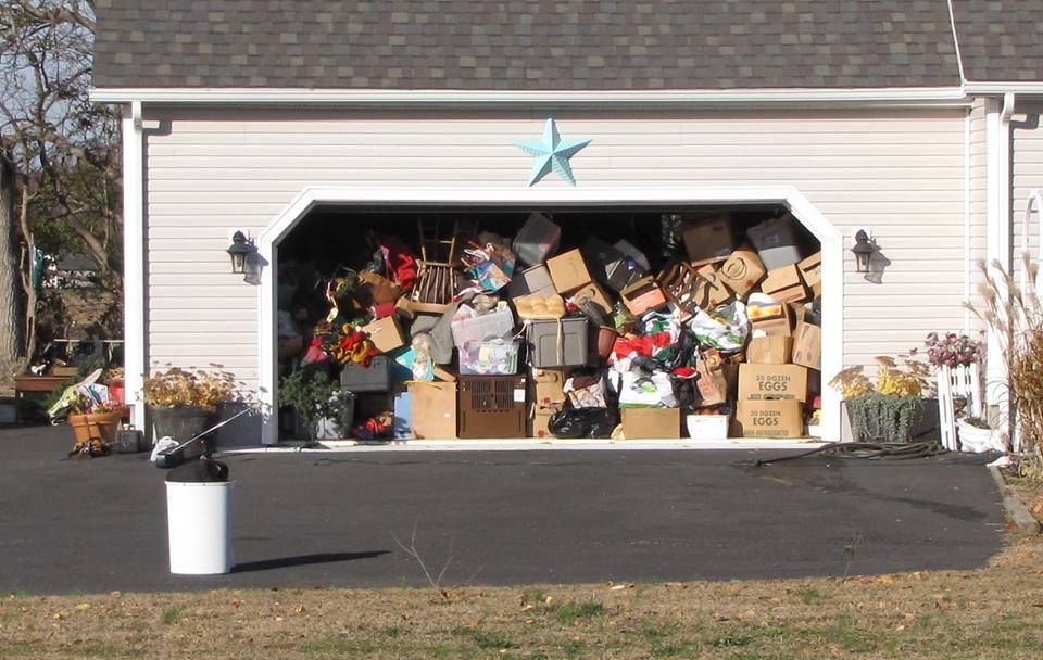 A garage filled with boxes and a starfish on top