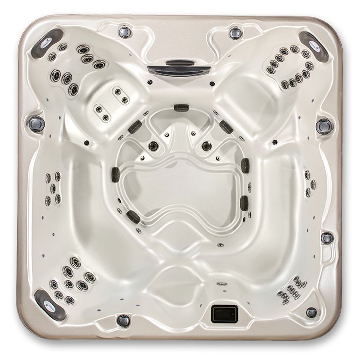 A white, square hot tub with integrated seating and multiple water jets, shown from a top-down view.