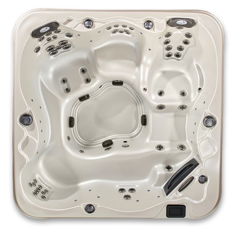 Top-down view of an off-white, square-shaped hot tub with molded seating, multiple jet placements, and a footwell.