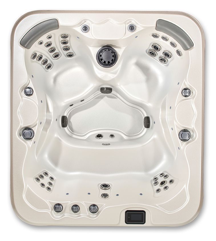 Overhead view of an empty white rectangular hot tub with molded seating, multiple jets, and two gray headrests.