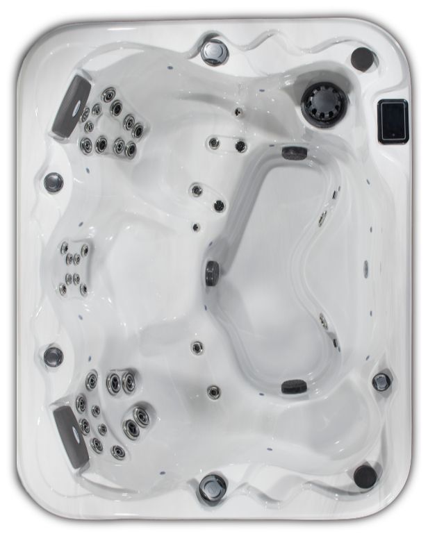 Top-down view of a white rectangular hot tub with molded seats, headrests, and multiple massage jets.