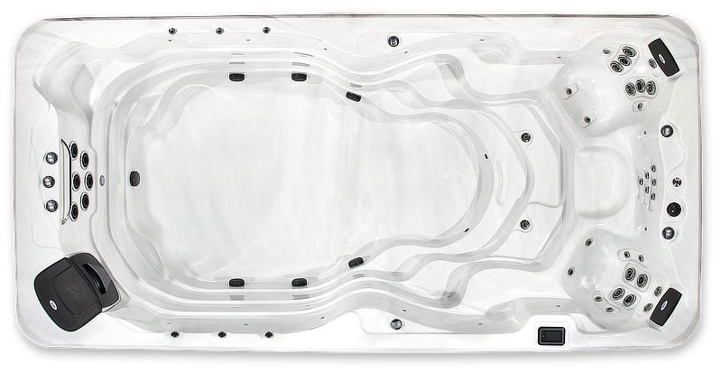 Top-down view of a white rectangular swim spa featuring built-in seating, headrests, and multiple water jets.