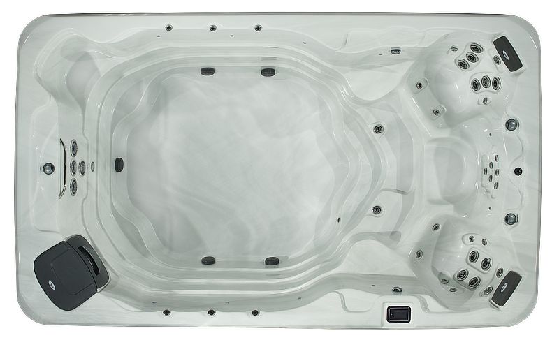 Top-down view of an empty rectangular white hot tub with sculpted seating, molded headrests, and multiple water jets.