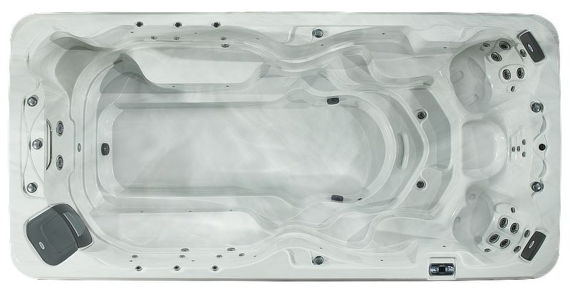 Top-down view of a white, rectangular swim spa with molded bench seating and integrated water jets.