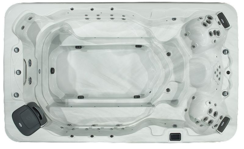 A top-down view of a rectangular white swim spa with built-in bench seating and hydrotherapy jets at one end.