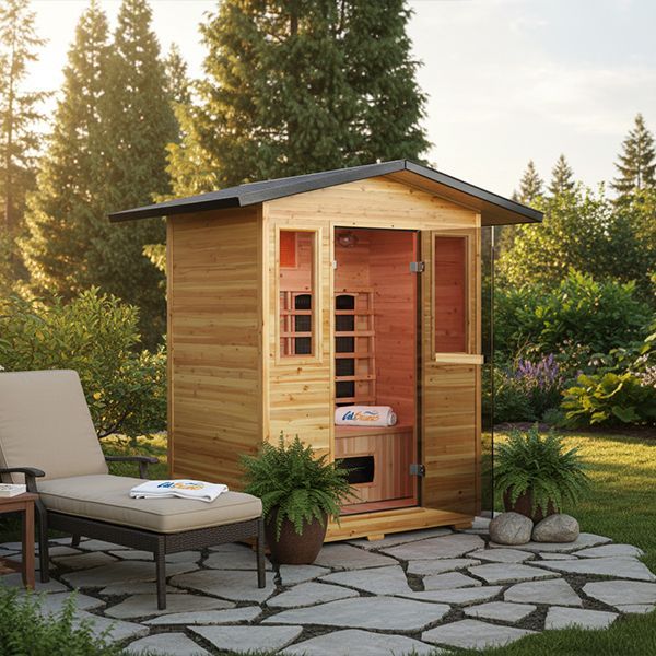 A light-wood outdoor sauna sits on a stone patio next to a lounge chair in a garden setting surrounded by pine trees.