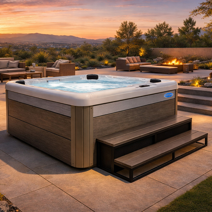 Backyard hot tub on a patio at sunset, with lounge seating and mountain views