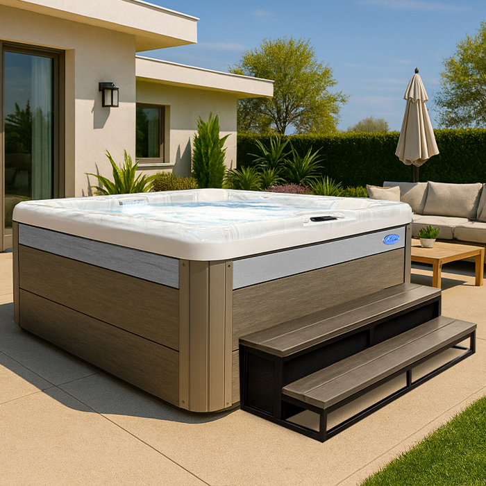 Modern beige hot tub on a patio beside a house, with steps and outdoor lounge seating