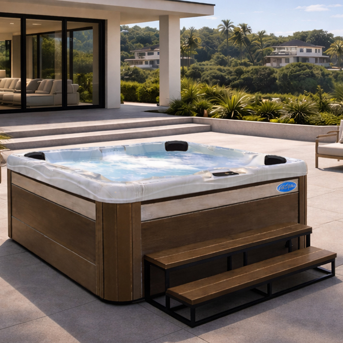 Wood-paneled hot tub on a patio beside a modern house, overlooking a lush hillside view