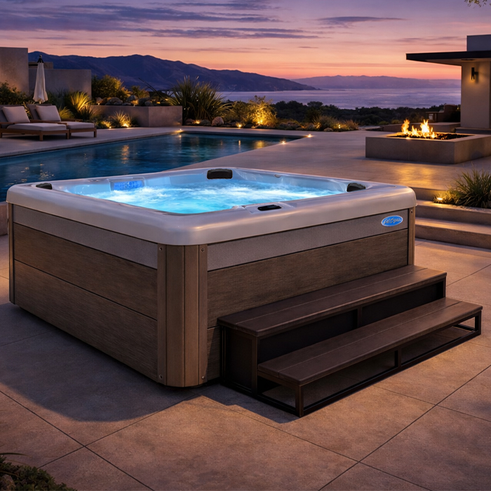 Modern backyard with a lit hot tub, sunset sky, and lounge chairs beside a pool and fire pit