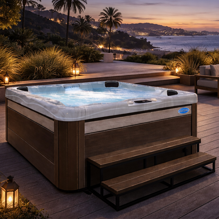 Wooden hot tub on a deck overlooking a sunset coastal view with lanterns and palm trees